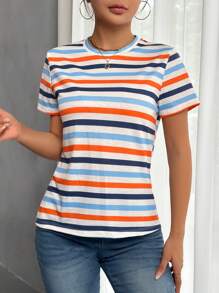 SHEIN Frenchy Striped Print Round Neck Tee