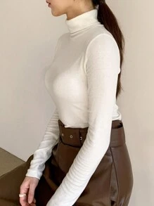 DAZY Solid High Neck Tee Long Sleeve Women Tops,Fall Women Clothes Thermal Lined - White - View 4