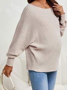 SHEIN 孕婦蝙蝠翼袖羅紋針織T恤 - 卡其色 - 查看 4