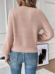 SHEIN Essnce Solid Raglan Sleeve Ribbed Knit Sweater - Baby Pink - View 2