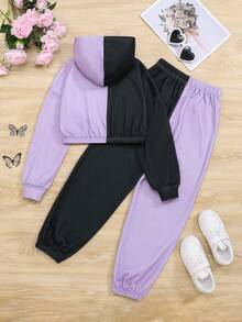 SHEIN 女大童雙色蝴蝶圖案連帽衫和運動褲 - 黑色 - 查看 2