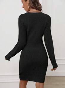 EMERY ROSE Solid Cable Knit Bodycon Sweater Dress Fall Winter Cloth For Women - Black - View 2