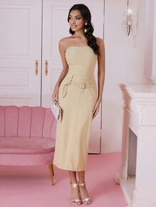 SHEIN ICON Solid Belted Tube Dress - Khaki - View 5