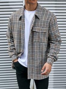 Manfinity Homme Men Plus Plaid Flap Pocket Overcoat - Brown - View 4