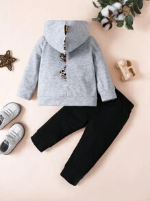 男嬰3D耳朵袋鼠口袋連帽衫和豹紋印花衛褲