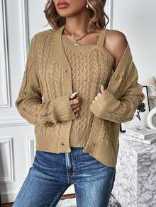 SHEIN Frenchy 麻花編織落肩袖開襟衫&針織吊帶上衣 - 卡其色 - 查看 4