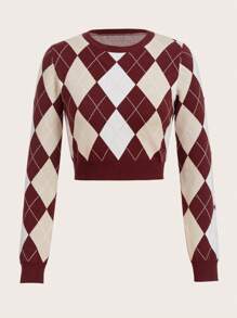 SHEIN EZwear 菱形圖案短款毛衣 - 彩色 - 查看 1