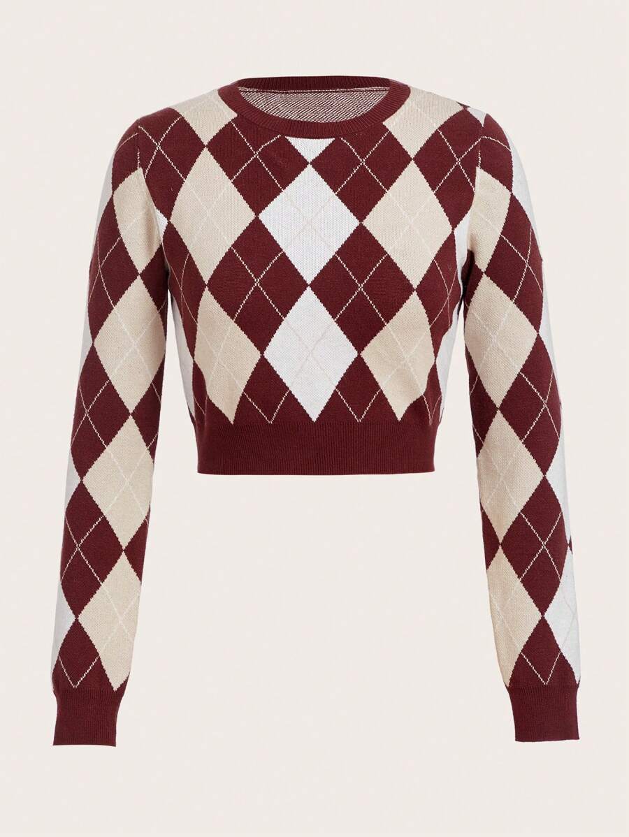 SHEIN EZwear 菱形圖案短款毛衣 - 彩色 - 查看 1