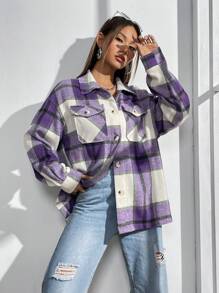 SHEIN Unity Plaid Print Drop Shoulder Flap Pocket Shirt - Purple - View 6