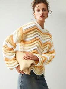 Anewsta Striped Pattern Pointelle Knit Drop Shoulder Sweater Knit Pullover Fall Winter Outfit - Yellow - View 1