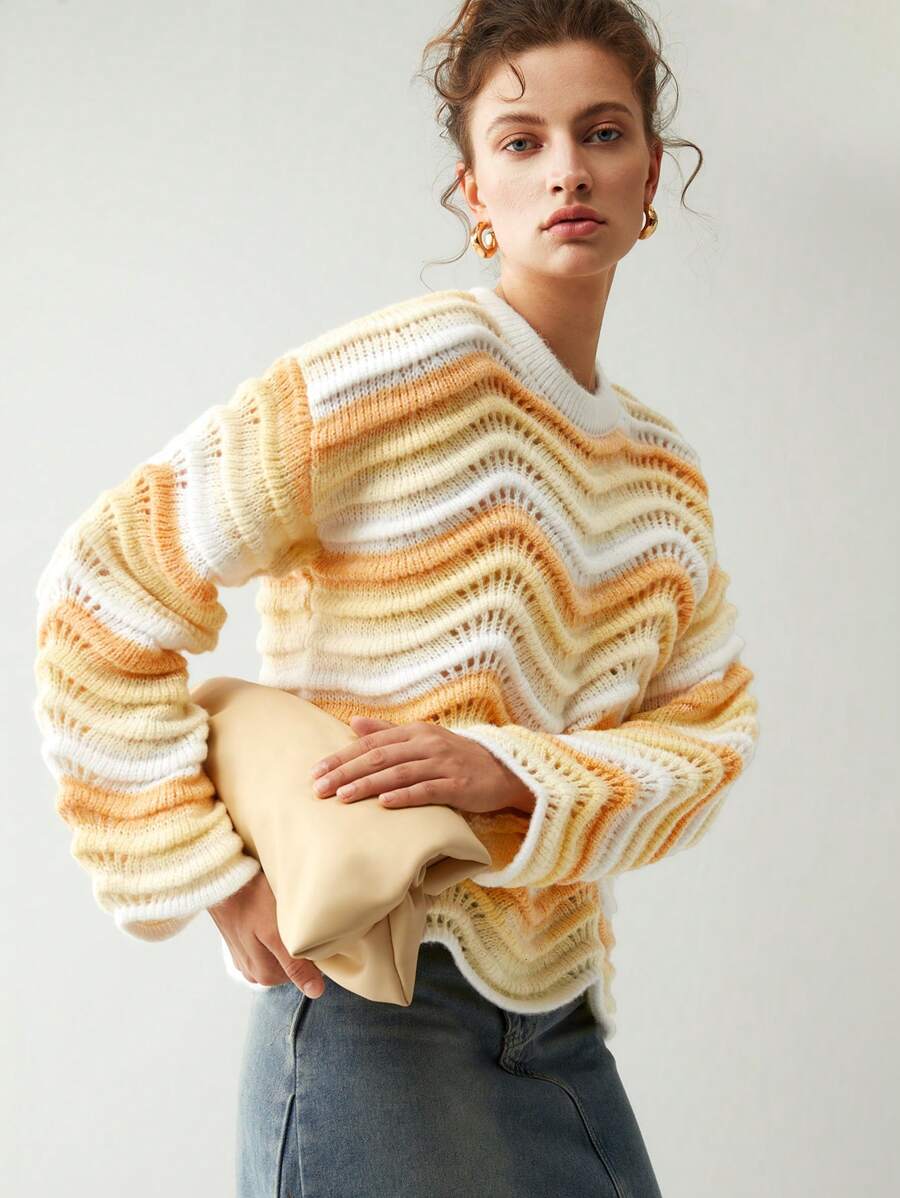 Anewsta Striped Pattern Pointelle Knit Drop Shoulder Sweater Knit Pullover Fall Winter Outfit - Yellow - View 1