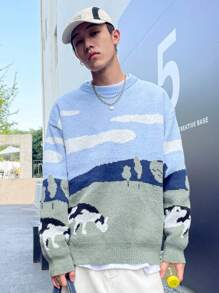 Claim Dot 男款樹雲紋毛衣，落肩寬鬆圓領長袖套頭毛衣，圖案奶牛拼接淺藍色度假學術風 - 彩色 - 查看 3