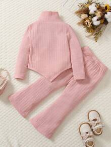 SHEIN Young Girl High Neck Hanky Hem Tee & Flare Leg Pants - Dusty Pink - View 2
