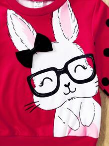 SHEIN 女小童兔子印花前蝴蝶結套頭衫&褶邊緊身打底褲 - 酒紅色 - 查看 4