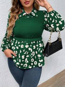 Franclia Plus Leopard Print Lantern Sleeve Peplum Top - Dark Green - View 3