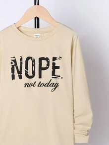 SHEIN Tween Boys Casual Crew Neck Loose Solid Color Letter Print Long Sleeve Knit T-Shirt - Khaki - View 3
