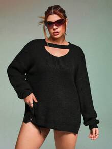 SHEIN ICON 大碼鏤空落肩袖下擺開叉套頭毛衣 - 黑色 - 查看 4