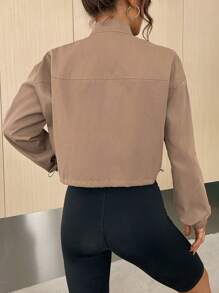 Muchica Drawstring Hem Drop Shoulder Zip Up Drawstring Hem Jacket - Brown - View 2
