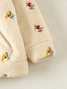 SHEIN Young Girl Floral Embroidery Raglan Sleeve Half Zip Teddy Sweatshirt - Beige - View 4