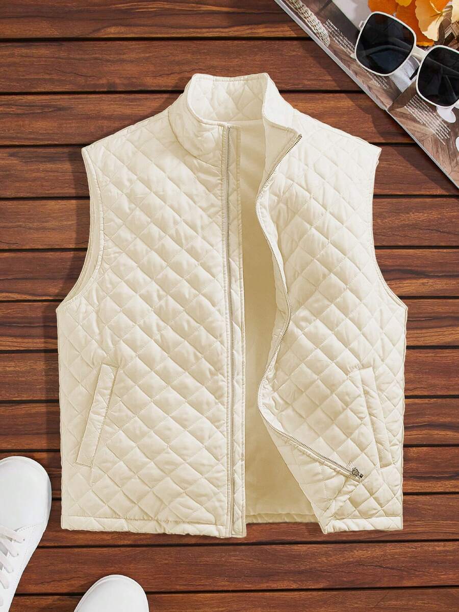 GENTILAND Men's Zipper Closure Oversized Quilted Vest Coat - White - View 1
