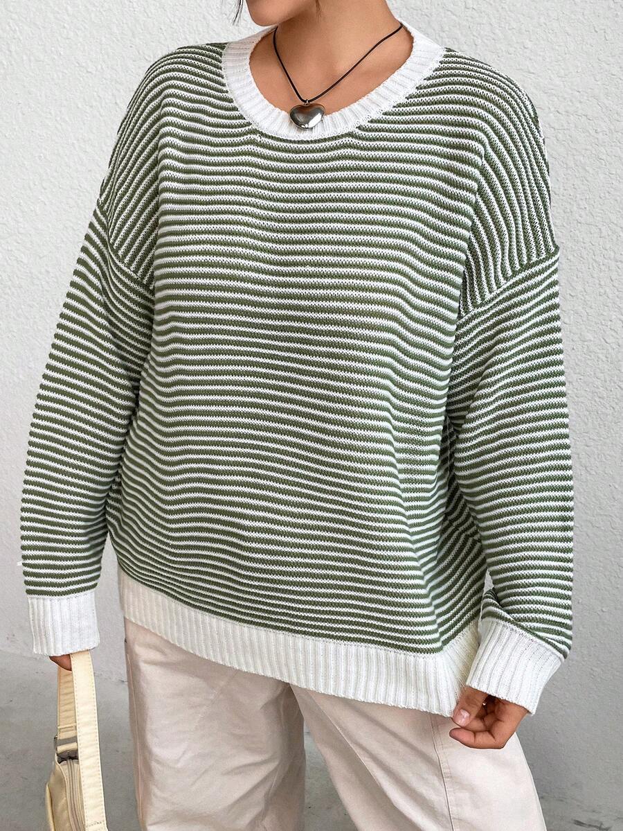 Flirla 大碼條紋圖案落肩袖套頭毛衣 - 紫紅色 - 查看 1