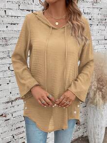 EMERY ROSE Solid Curved Hem Drawstring Hooded Blouse - Brown - View 4