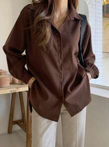 DAZY Women's Solid Long Sleeve Single-Breasted Casual Loose Blouse, Business Casual,Long Sleeve Tops