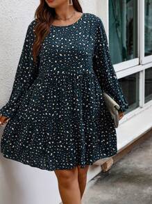 Calvaya Plus Dalmatian Print Ruffle Hem Dress - Dark Green - View 3