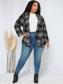 SHEIN CURVE+ 大碼格紋印花開門襟外套 - 黑與白 - 查看 3