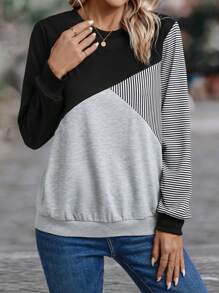 EMERY ROSE Striped Print Colorblock Sweatshirt - Grey - View 1