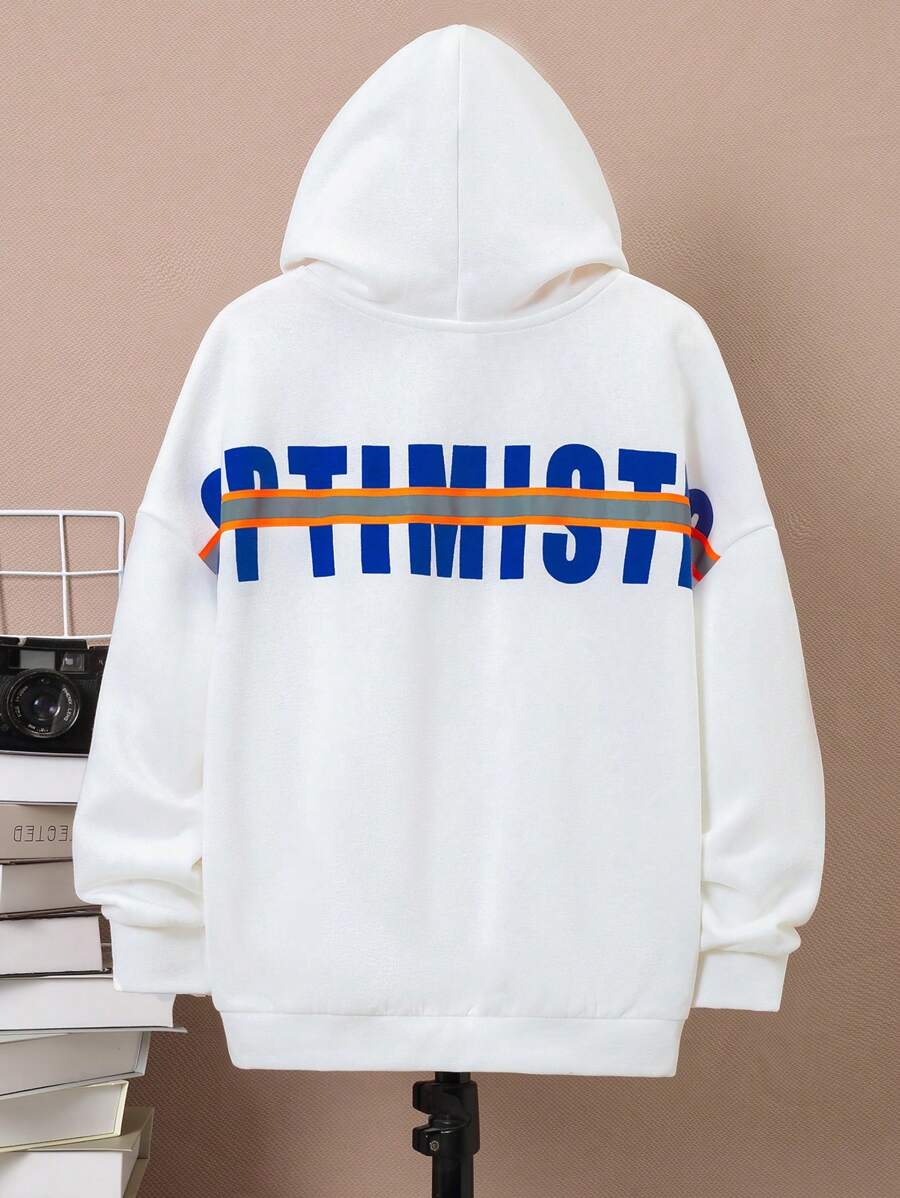 SHEIN Áo nỉ tay trễ vai in chữ dành cho bé trai tuổi teen - trắng - Xem 1