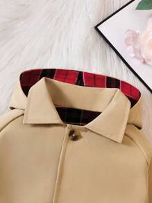 Baby Boy Plaid Raglan Sleeve Hooded Trench Coat - Khaki - View 3