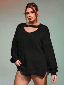 SHEIN ICON 大碼鏤空落肩袖下擺開叉套頭毛衣 - 黑色 - 查看 5