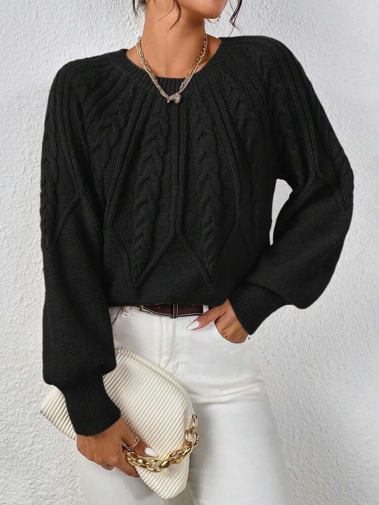 Cable Knit Raglan Lantern Sleeve Sweater,Long Sleeve Tops Knit Pullover Fall Winter Sweater