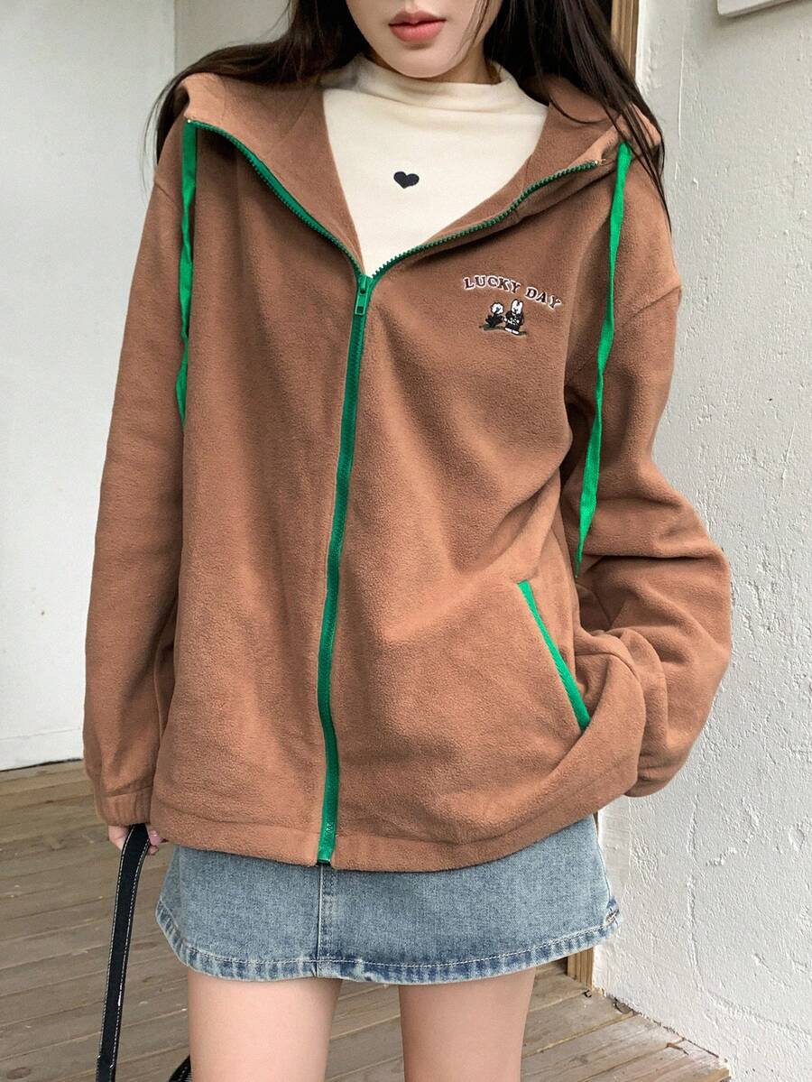 DAZY Thêu Chữ Dây kéo Thả vai Dây rút áo có mũ Lông cừu áo - Màu Khaki - Xem 1