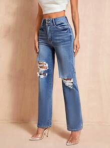 SHEIN BAE High Waist Ripped Straight Leg Jeans - Medium Wash - View 4