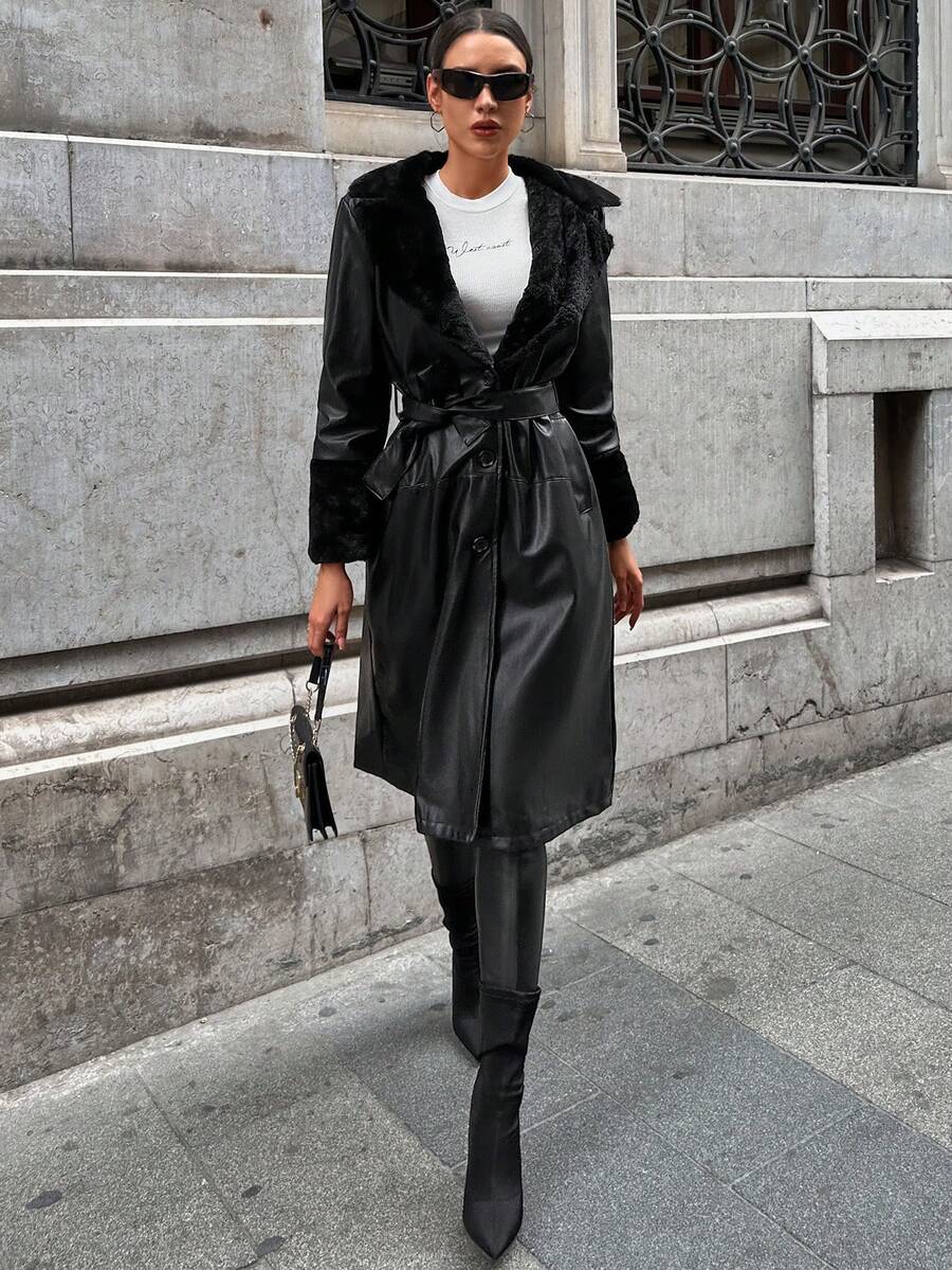 EURMUSE Borg Collar Belted PU Leather Coat - Black - View 1