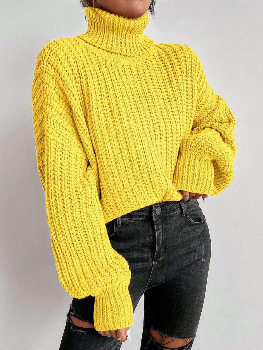 SHEIN LUNE 高領落肩袖條紋針織套頭毛衣 - 黃色 - 查看 1