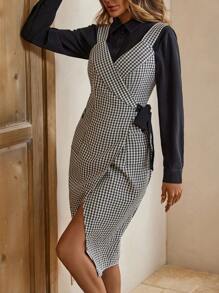 SHEIN LUNE Houndstooth Lado Do Nó Vestido Envoltório & Camiseta - Preto e Branco - Visão 6