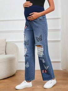 SHEIN Maternity Butterfly Print Ripped Straight Leg Jeans