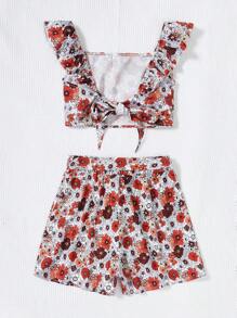 Soleia 印花荷葉邊短款上衣&附腰帶短褲 - 彩色 - 查看 2