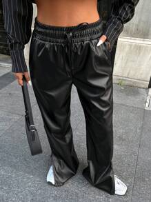 EURMUSE Drawstring High Waisted Wide Leg Flowy Palazzo Pants With Slit - Black - View 5