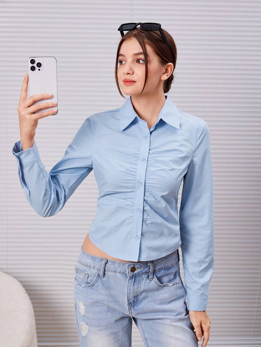 SHEIN Teen Girl Ruched Button Front Shirt - Baby Blue - View 1