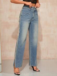 SHEIN BAE High Waist Split Hem Straight Leg Jeans - Blue - View 6