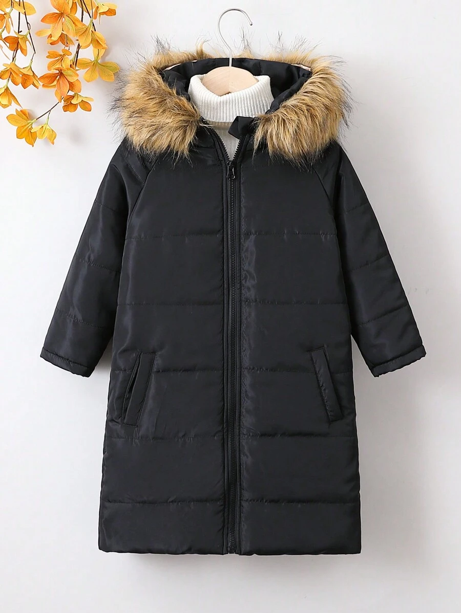 男童毛绒装饰连帽棉服外套（不含毛衣）