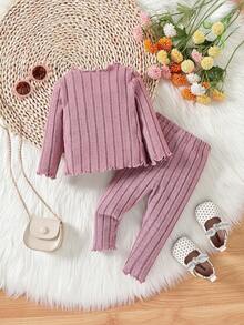 女嬰木耳邊條紋針織T恤和緊身褲