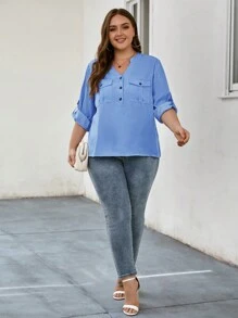 SHEIN LUNE Plus Blouse Poche À Rabat À Bouton Poche À Rabat - Bleu ciel - Voir 3