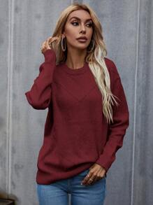 SHEIN LUNE Solid Drop Shoulder Sweater,Long Sleeve Tops Knit Pullover Fall Winter Outfit - Burgundy - View 3