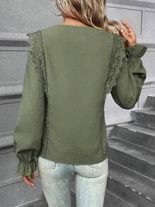 SHEIN Frenchy Guipure Lace Insert Flounce Sleeve Blouse - Green - View 2