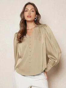 BizChic Solid Button Front Lantern Sleeve Satin Top - Apricot - View 7
